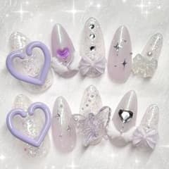 ネイルチップ 現品 韓国 紫 妖精 天使 リボン ハート キラキラ 推し活のサムネイル