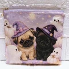 犬パネル生地　オーダー受付ページ　ハンドメイド　ポーチ　ハンカチ　パグ フラットポーチ ハンドメイド 犬柄 ハロウィン パグ 両面パネル生地
