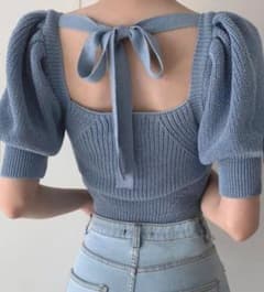 美品　GRLバックリボンスクエアネックニットトップス　半袖　青　ブルーのサムネイル