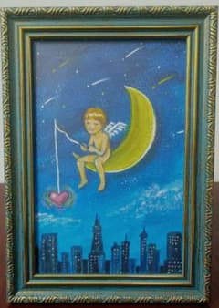 「夜釣り」(原画・はがきサイズ)　天使　夜景のサムネイル