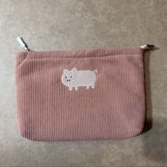 コーデュロイ ピンクポーチ 豚の刺繍‪のサムネイル