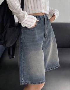 SHEIN デニムハーフパンツ ワイドシルエット ウォッシュ加工 レディースのサムネイル