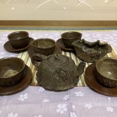 1684備前焼？　蓮に蟹細工　茶器セット　湯呑1客　湯冷し1客　湯呑5客　茶櫃付 蓮・蟹の茶器セット 備前焼 - メルカリ