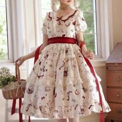 【アップルティー柄★半袖パフスリーブワンピース★生成り】赤りんごロリータOP アップルティー柄☆半袖パフスリーブワンピース☆生成り】赤りんご