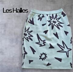 Les Halles ニットタイトスカート 総柄 ブルー ウエストゴム S