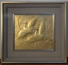 【真作】彫金　金森映井智　日の出鶴　煌めく彫金美術　共シール　U173 真作】彫金 金森映井智 日の出鶴 煌めく彫金美術 共シール U173