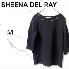 Sheena Del Ray bejeweled five-quarter sleeve top, navy.
