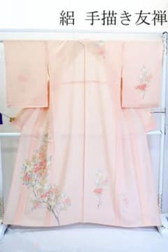 美品 訪問着 ピンクベージュ 京友禅 手描き友禅 枝花 身丈169.5cm 正絹 美品 訪問着 絽 夏手描き友禅 淡いサーモンピンク 枝花 身丈161.5cm