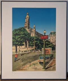 真作】版画 リトグラフ パリの街角と教会 ヨーロッパ風景版画 Y42