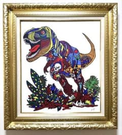 【F10号】ジミー大西【ティラノサウルス】手描き作品/表裏サイン有/油絵/高級額のサムネイル