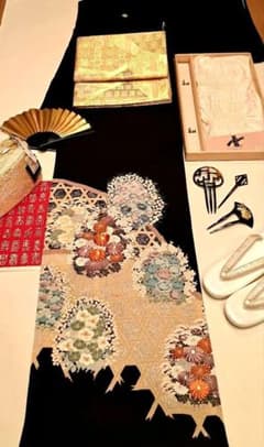 美品❇️豪華黒留袖 手描友禅刺繍 5つ紋 比翼仕立て ブルセット