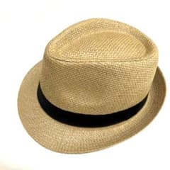 ベージュ 麦わら 中折れハット 黒リボン