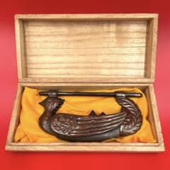 骨董品】古錠前 鳳凰 彫刻 珍品 南京錠 海錠 古鍵 木箱付 約12cm