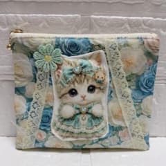 フラットポーチ ハンドメイド 猫柄 ♡ふっくら猫ちゃんポーチ♡ 猫
