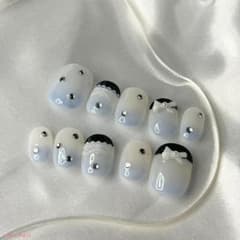 【C0018】ネイルチップ ブルー ホワイト リボン かわいい 透明感 きれいめのサムネイル