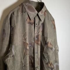 柄シャツ　総柄　レトロ　ポリシャツ　ブラウン　カーキ　光沢感　美品　一点物　レアのサムネイル