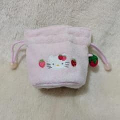 Made in 1999 ハローキティ Embroidered Strawberry Pattern Jewelry Drawstring Pouch with Strawberry, Light Pink