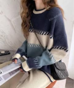 ストライプ柄ニットセーター 長袖 ネイビー　SHEINのサムネイル