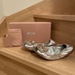 MIUMIU ビジューオープントゥバレーシューズ シルバー 361/2 23.5
