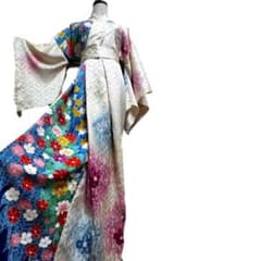 振袖 着物リメイク コントラストドレス 青に花々 和柄 ワンピース