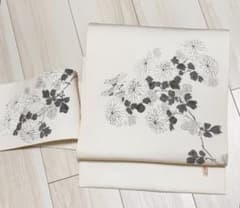 名古屋帯 塩瀬 正絹 手描友禅 オフホワイト 中古 染め綺麗 tj465