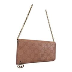 GUCCIシマレザーチェーンウォレット ピンクベージュ - メルカリ