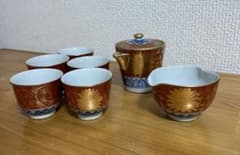 九谷焼金彩赤絵染付煎茶器宝瓶一ケ湯冷一ケ湯呑五客洋山造時代物木箱付 