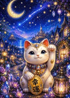 星降る夜の幸運招き猫】 願いを照らす幻想の月夜AIアート L版/A4対応