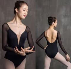 バレエ レオタード 黒 深Vネック ブラック 長袖 ダンス 大人 L - メルカリ
