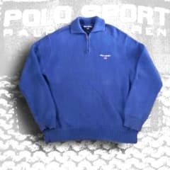 希少 90s ポロスポーツ ハーフジップ 刺繍ロゴ コットンニット XL 青 