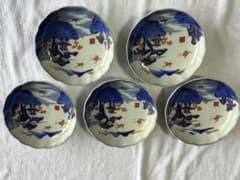 古伊万里 染錦風景画五寸皿5枚セットⅡ なます皿 アンティーク骨董品