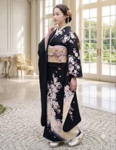 名品】高級正絹振袖フルセット黒 桜尽くし 淡藤ぼかし 地紋 高級古典