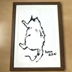 【原画・額装済】手描きイラスト 猫 ねこ 墨絵風 現代アート モノクロ 額付のサムネイル