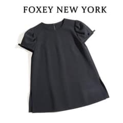 美品 FOXEY NEW YORK パフスリーブ 半袖 ブラウス 黒 比翼 469h*美品 フォクシー ニューヨーク パフスリーブ リボンデザイン