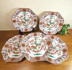 ✿未使用✿九谷焼 九谷洋窯 赤絵鳳凰図 八角皿 5枚揃え 伝統工芸 縁起物 値下げ‼️✿未使用✿九谷焼 九谷洋窯 赤絵鳳凰図 八角皿 5枚揃え 工芸
