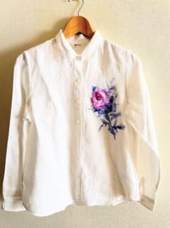 ハンドペイント 花柄 (薔薇)長袖シャツ ホワイト M 麻100%のサムネイル
