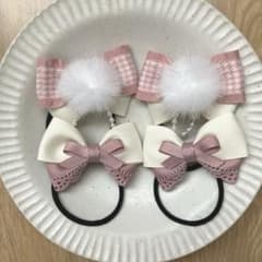 ハンドメイド キッズ リボン ヘアゴム ＊くすみピンク千鳥格子×白