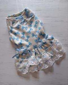 ❤️犬服ハンドメイド❤️ブルーリボンラッフルレースドレスのサムネイル
