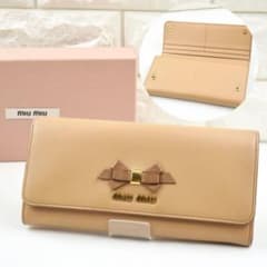 「美品・レア」miu miu 長財布  リボン　フラッペ　ベージュ　ブラウンのサムネイル