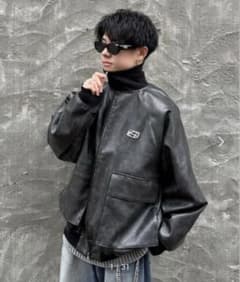 ADAMASTE リブハイネックダブルジップブルゾン レザージャケット 