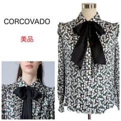 美品 CORCOVADO コルコバード サテンボウタイフラワーブラウス リボン 