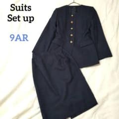 ノーカラージャケット＆スカートスーツセットアップ セレモニー 紺色