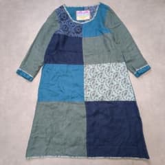 ジーンナッソーズ 異素材パッチワークレトロワンピース【L】リネンブレンド 日本製