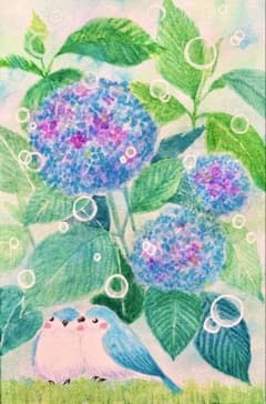 みみ様専用水彩画 紫陽花と小鳥さん 値段は※900円です - メルカリ