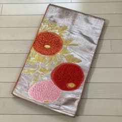 10.13袋帯 正絹 菊文様 銀糸 金彩 オレンジ リバーシブル 418cm - メルカリ