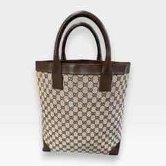 美品 GUCCI グッチ GGキャンバス トート 大きめブラウン レザー 自立型