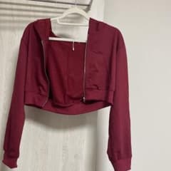 SHEIN ボルドー ショート丈 ジップアップ フード付きパーカーのサムネイル