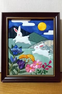 さくらほりきりきめこみパッチワーク 「月夜の跳ねうさぎ」額不要なら3500円‼️のサムネイル