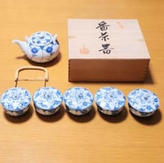 未使用・美品】湯呑み5客 急須 胡窯造 染付番茶器セット 木箱入り 煎茶