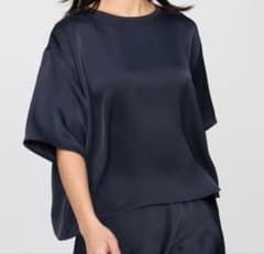 L【新品】ユニクロC サテンオーバーサイズショートブラウス ネイビー 